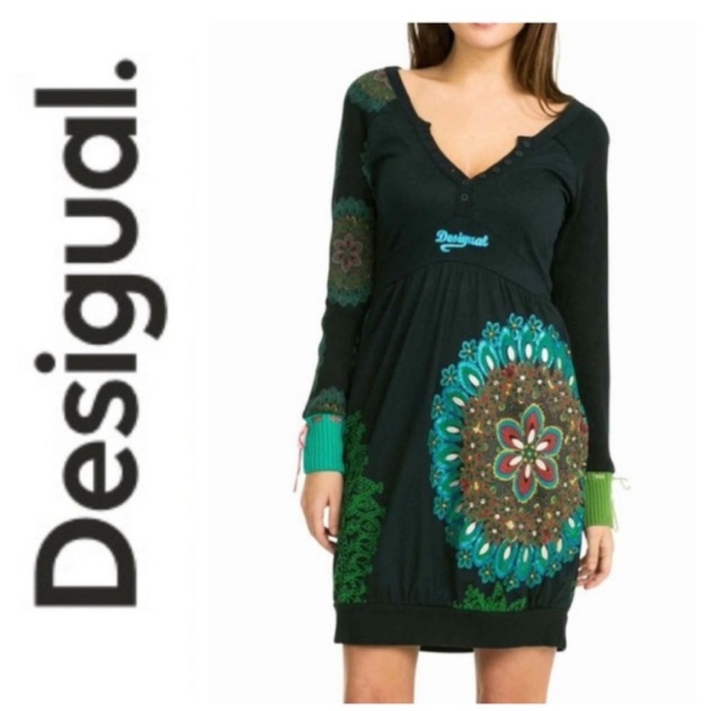 Desigual Christina navy blue and green peacock balloon dress